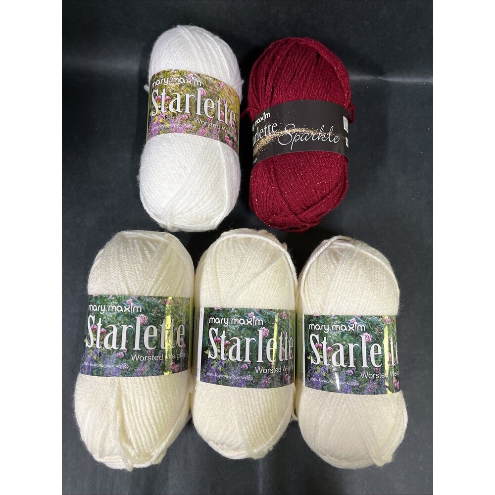 5 Mary Maxim STARLETTE Skein Worsted Yarn 106 Natural, 284 White, 127Ruby 3.5 oz